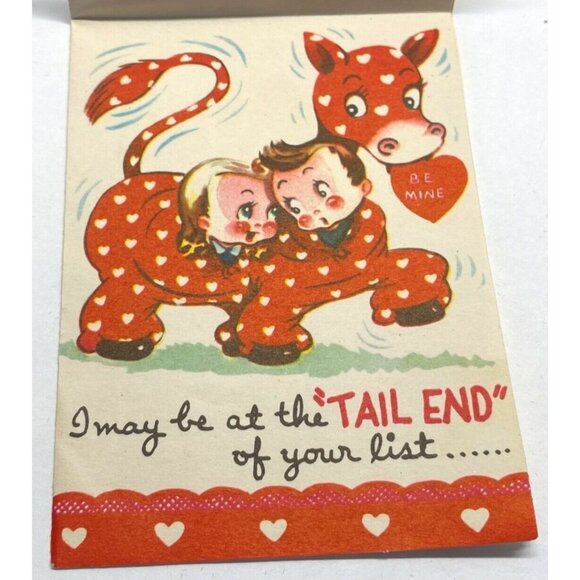 Valentines Day Vintage Greeting Card Red Hearts Cow Costume 1940s Blonde Girl - Picture 5 of 7